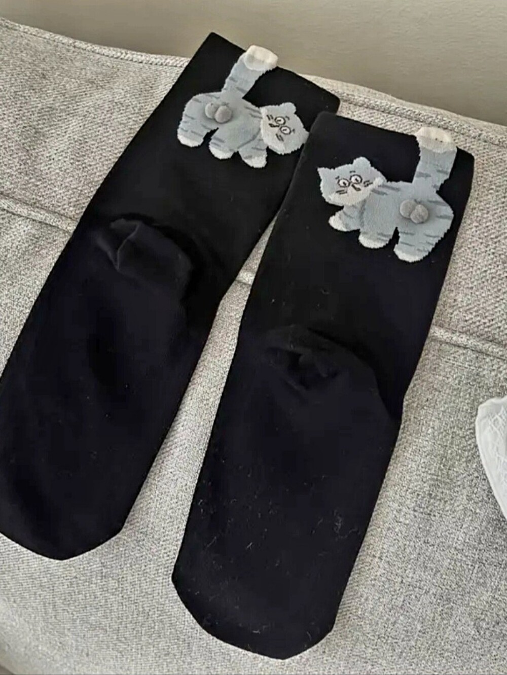 Three Pairs Cute Cat Crew Socks - Gray, Cream, Black - Picture 2 of 5
